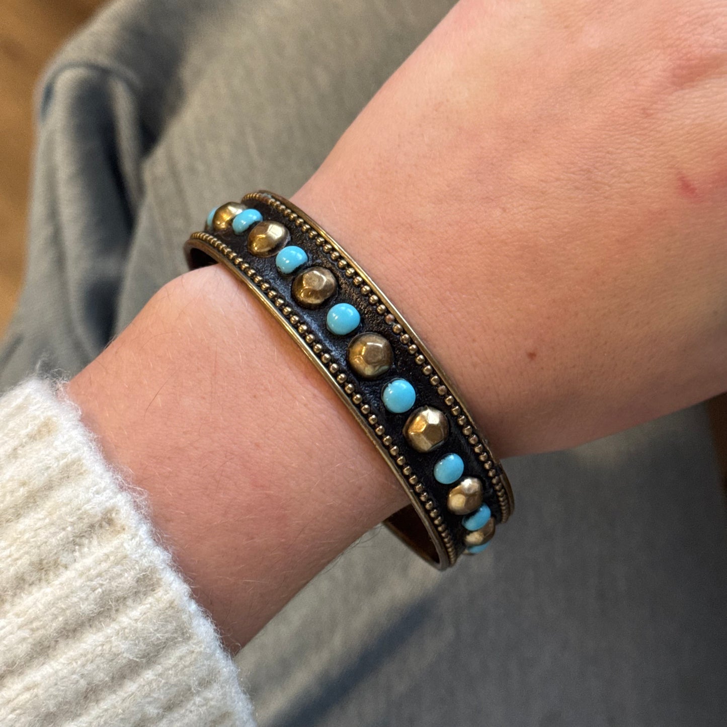 Vintage Studded Teal & Brass Bangle Bracelet