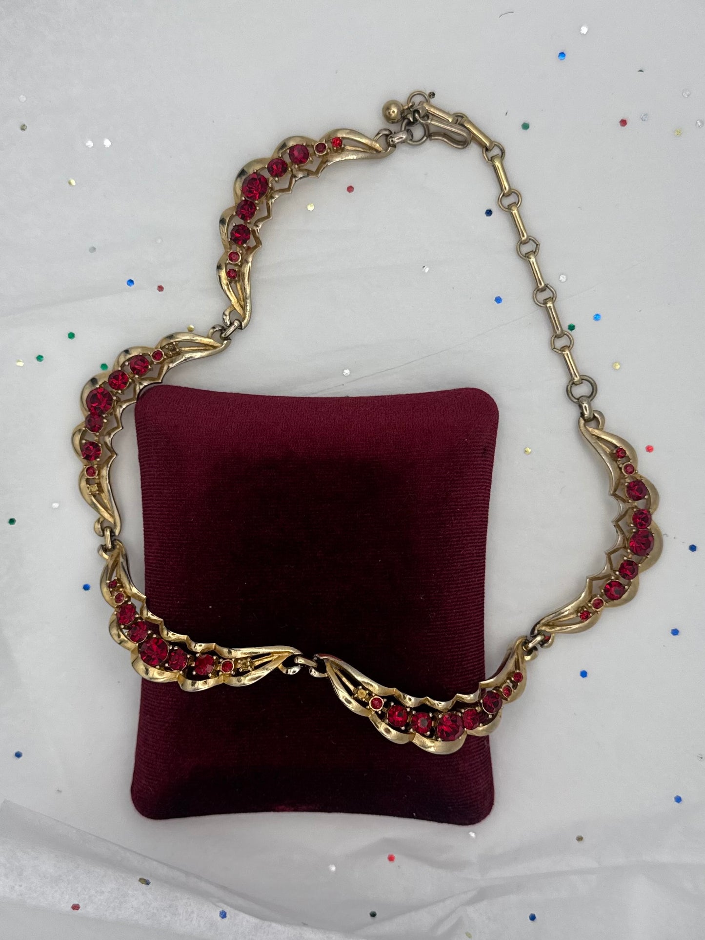 Vintage Gold Tone Red Rhinestone Necklace