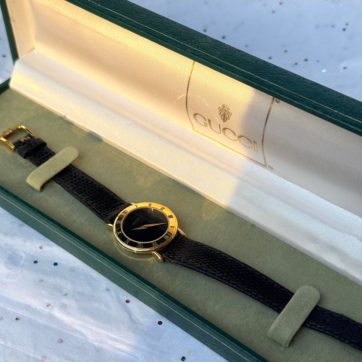 Vintage Working Black Gucci Leather Band Watch with Original Box