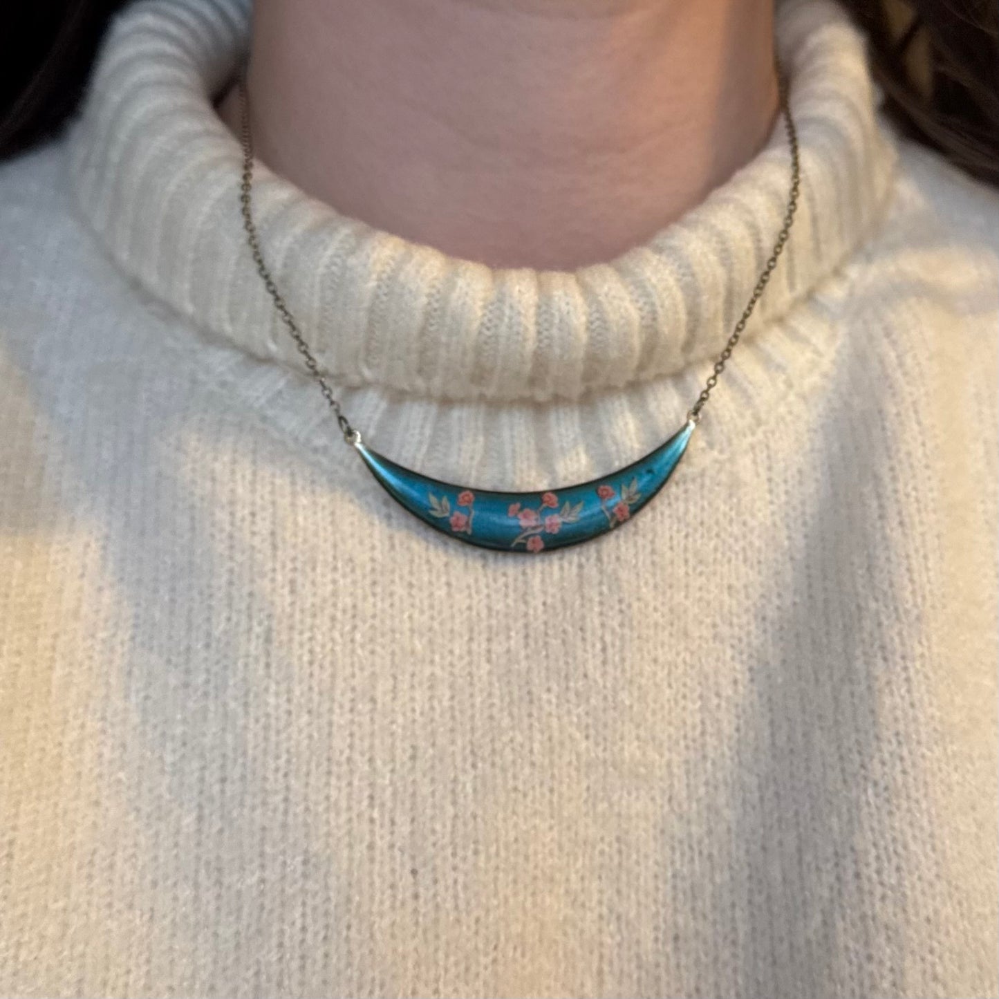 Vintage Gold & Teal Painted Floral Necklace