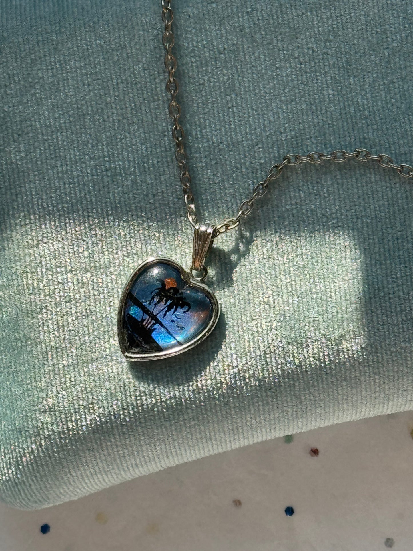 Vintage Sterling Silver Iridescent Palm Tree Heart Pendant Necklace