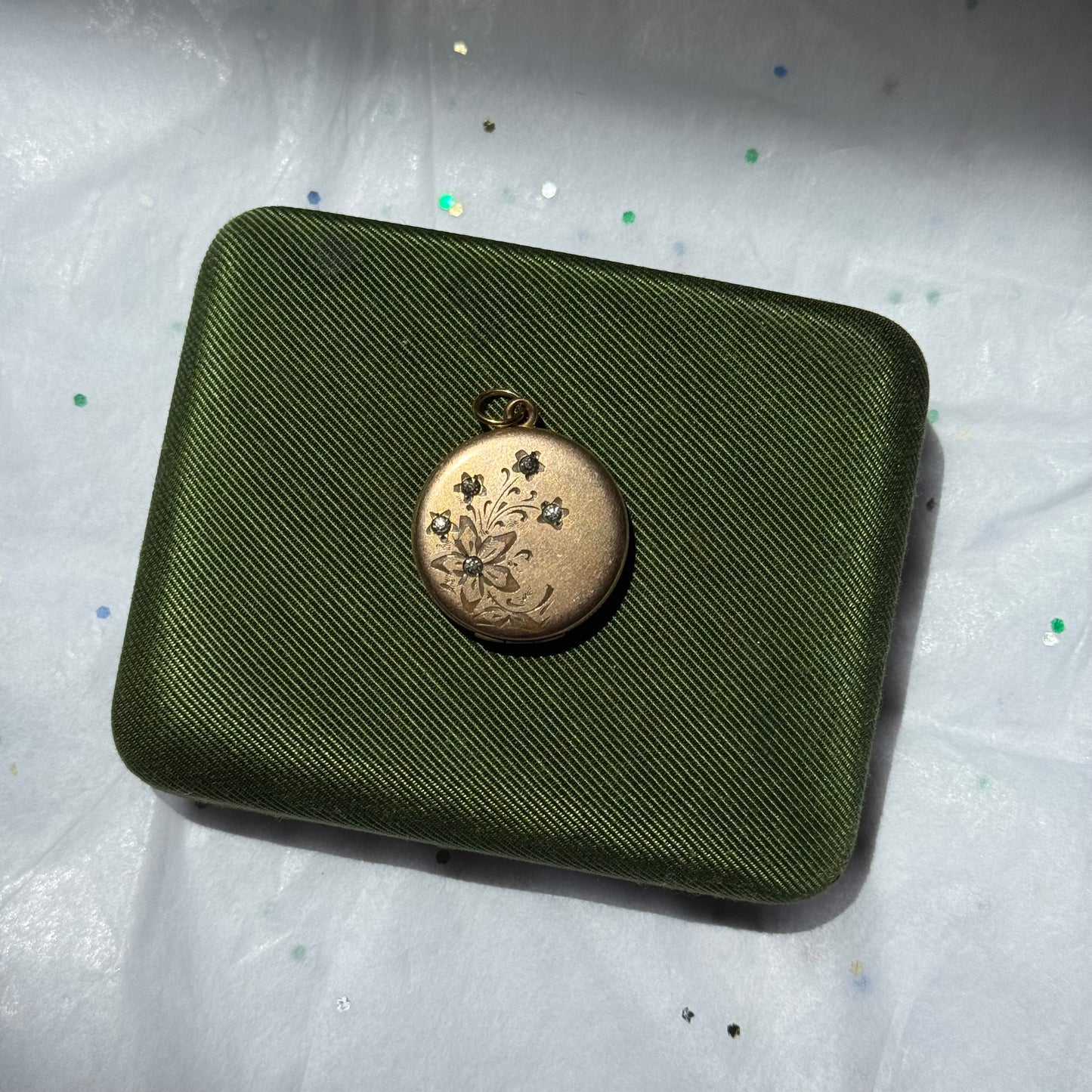 Vintage 19th Century Gold Filled Floral Locket with Rhinestones and L Engraving