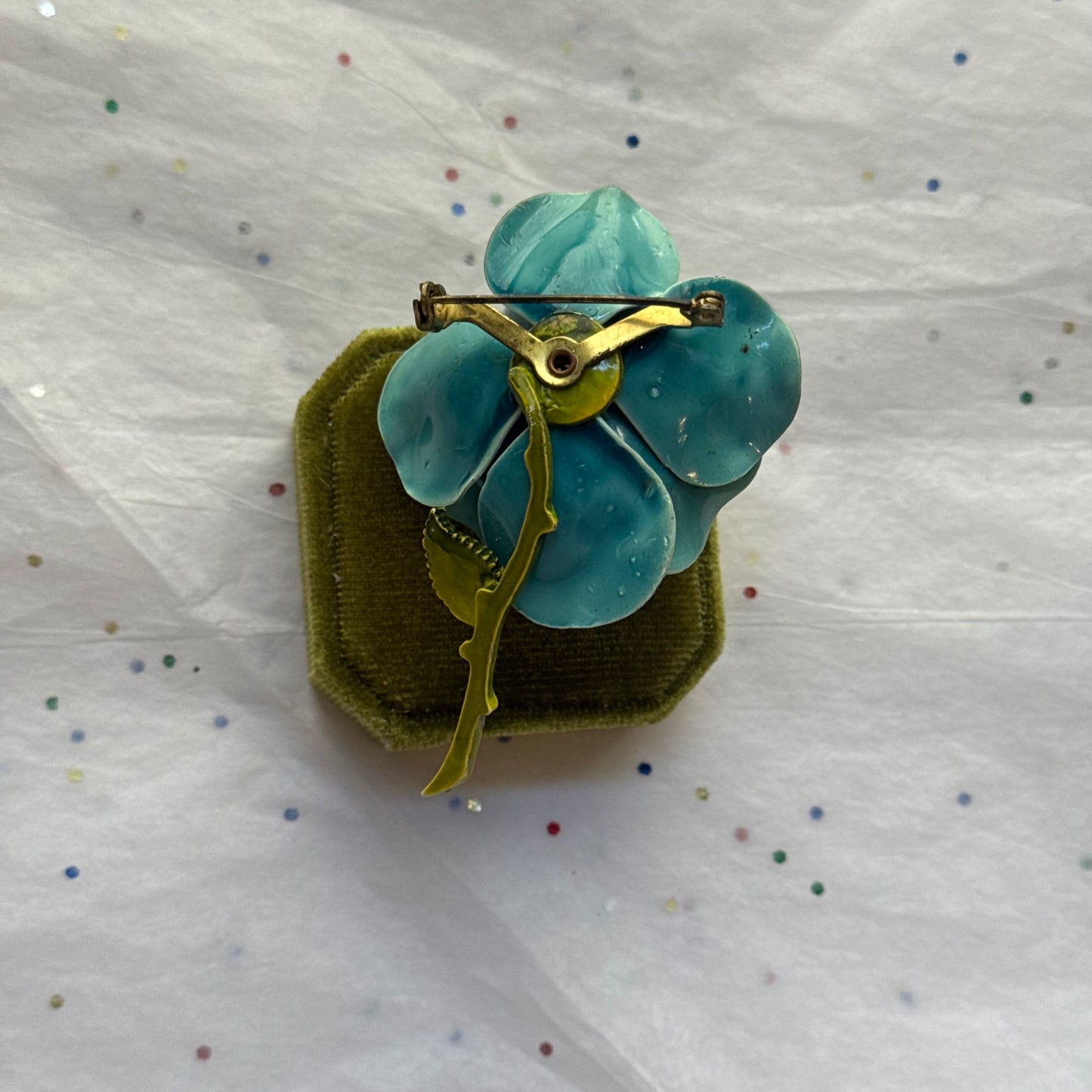 Vintage Gold Enamel Blue Rose Brooch