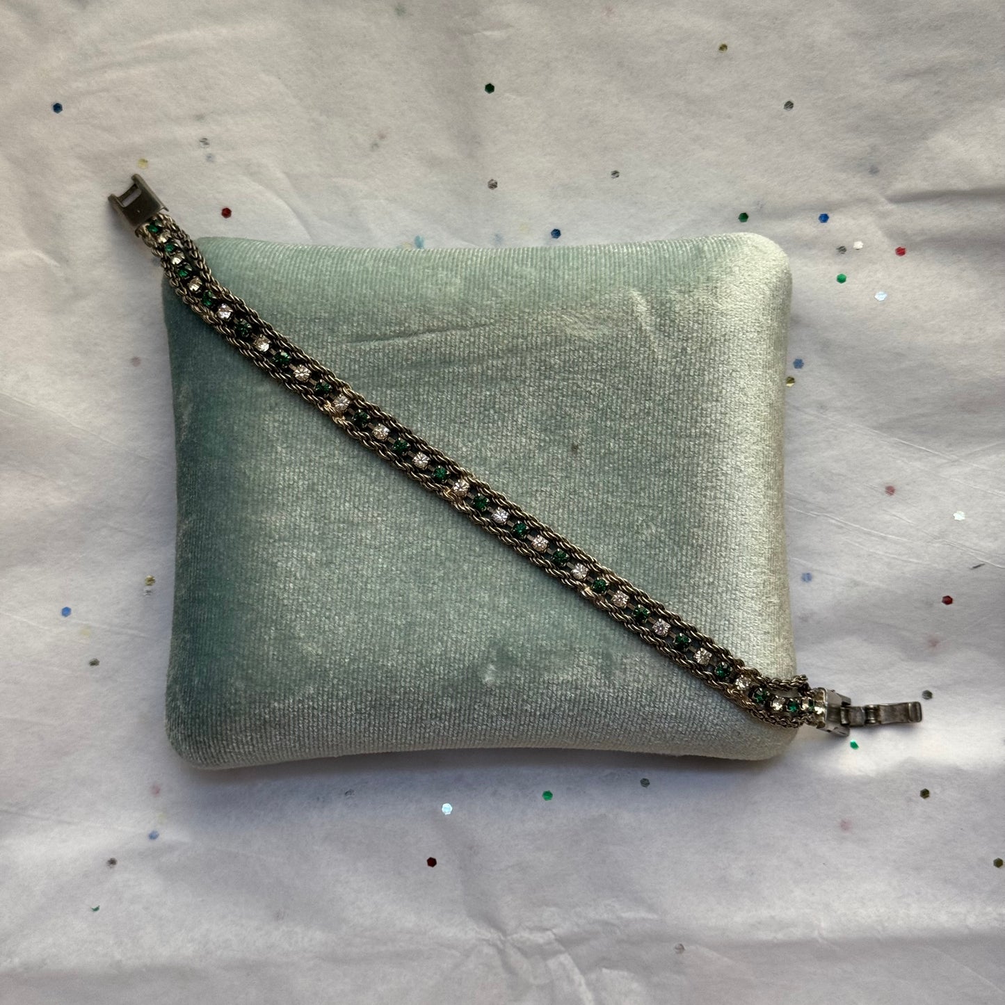 Vintage Silver Green Rhinestone Tennis Bracelet