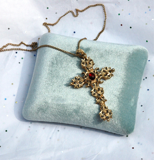 Vintage Avon Gold Tone Ornate Cross Necklace with Red Gemstone