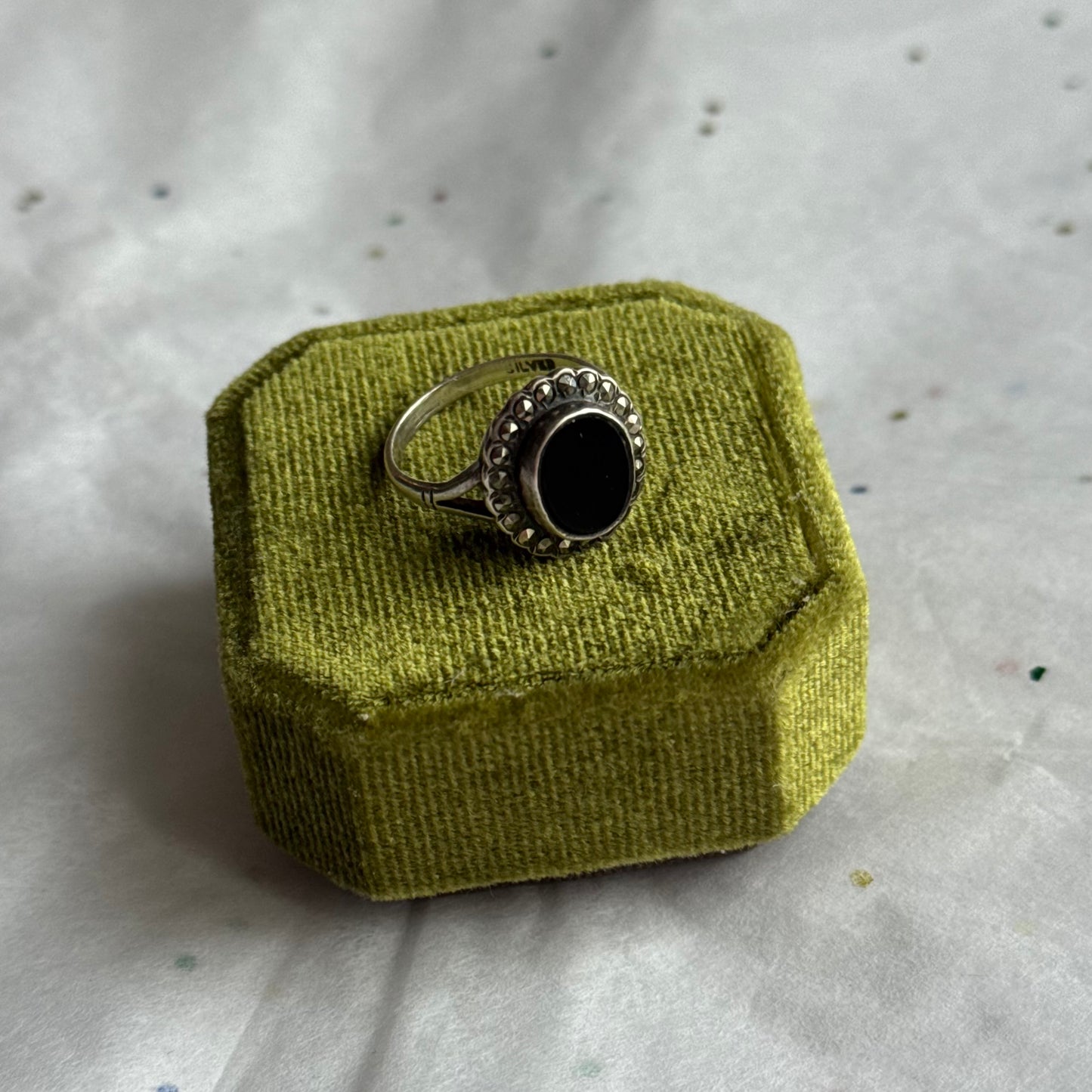 Vintage Sterling Silver Black Onyx & Marcasite Ring