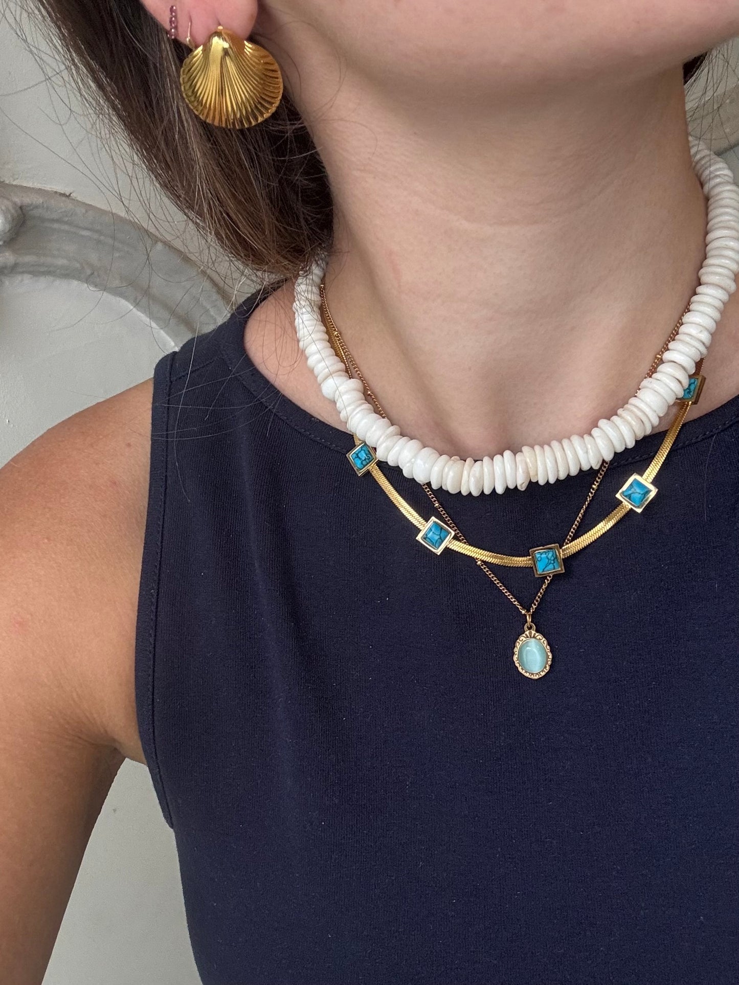 Gold Bezel Turquoise Square Herringbone Chain Necklace