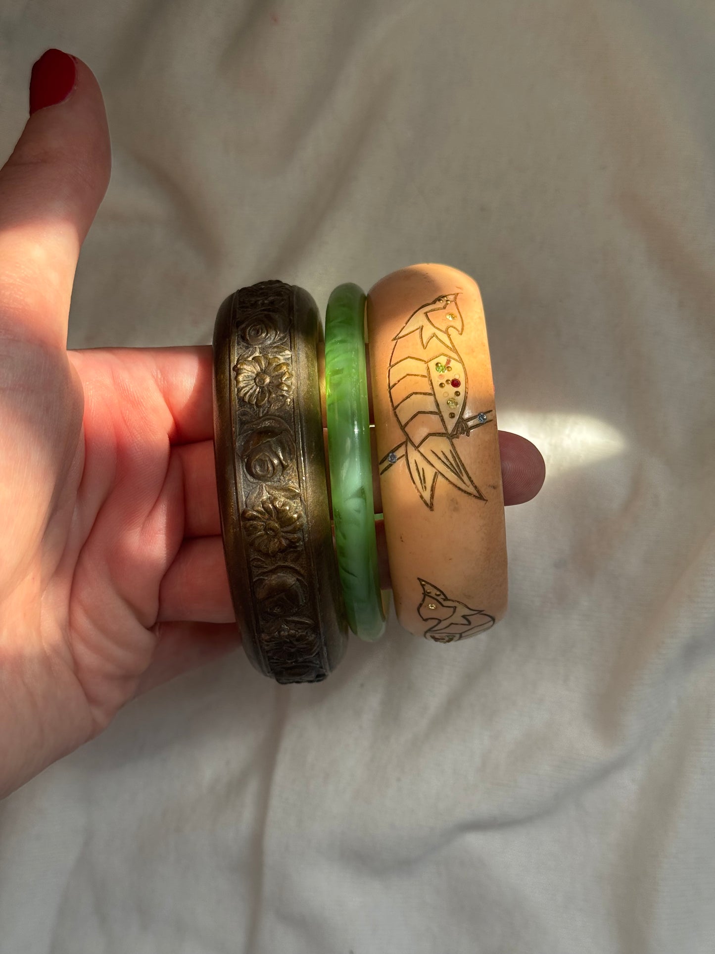 Vintage Bird Coral Bangle Bracelet with Rhinestones - Sourced in Paris