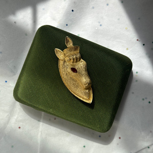 Vintage Gold Horse Brooch with Red Rhinestones