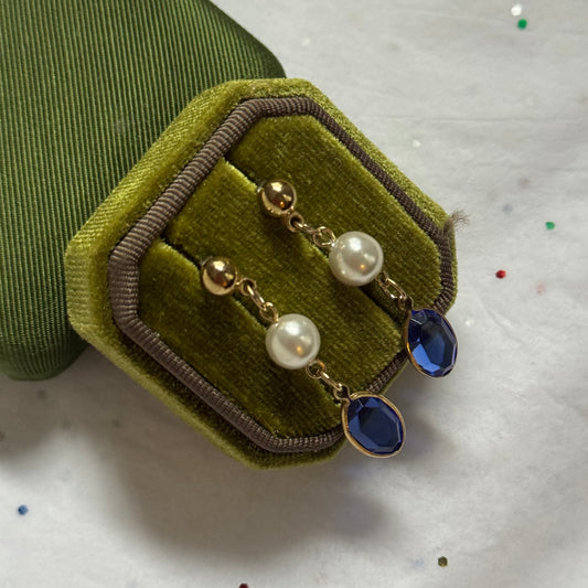 Vintage Gold, Pearl, & Blue Rhinestone Earrings