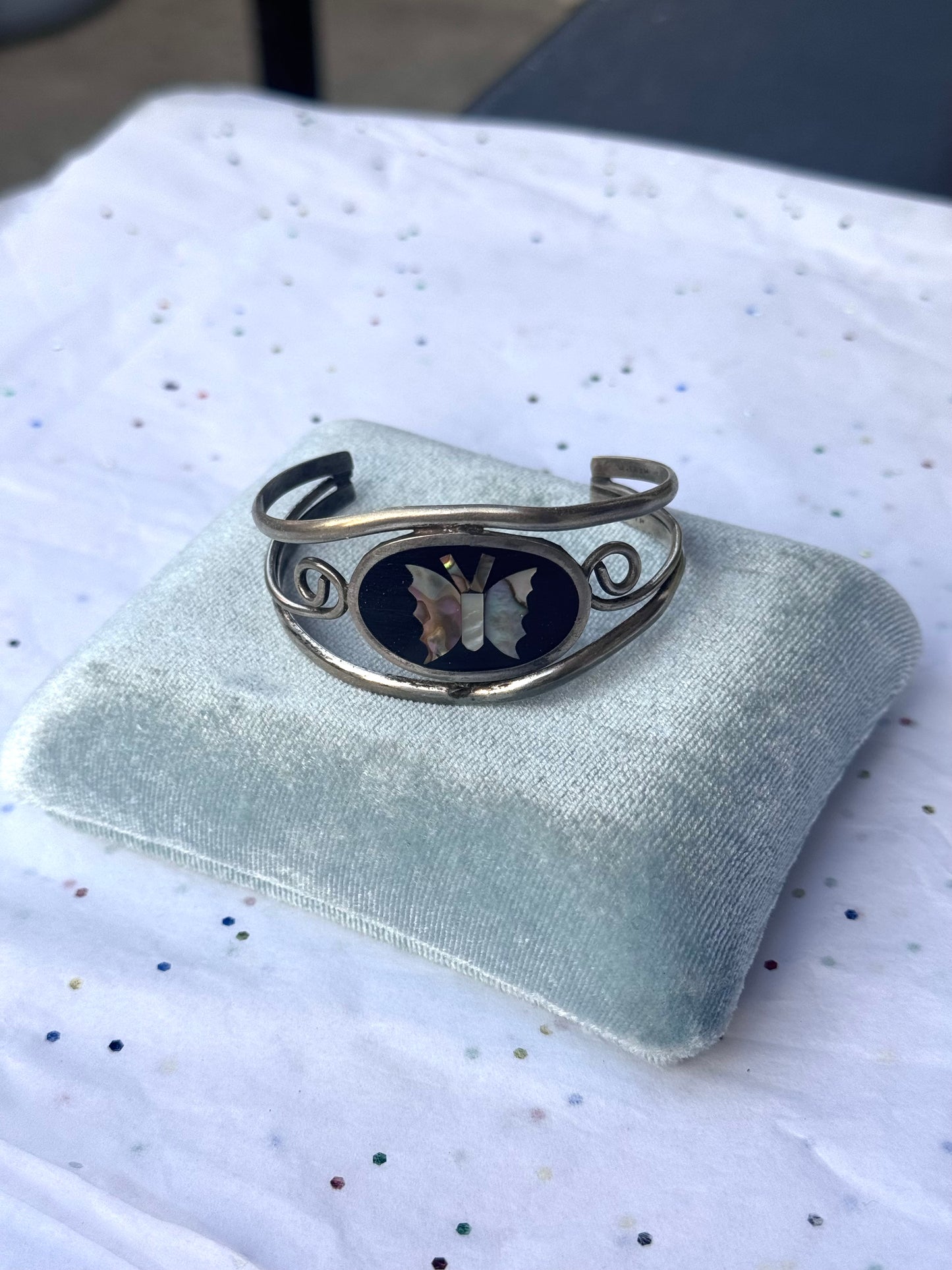 Vintage Black & Mother of Pearl Butterfly Inlay Silver Bracelet