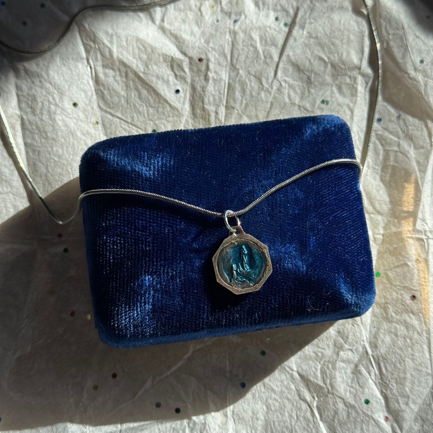 Vintage Sterling Silver Blue Enamel Our Lady of Lourdes Necklace - Sourced in Paris