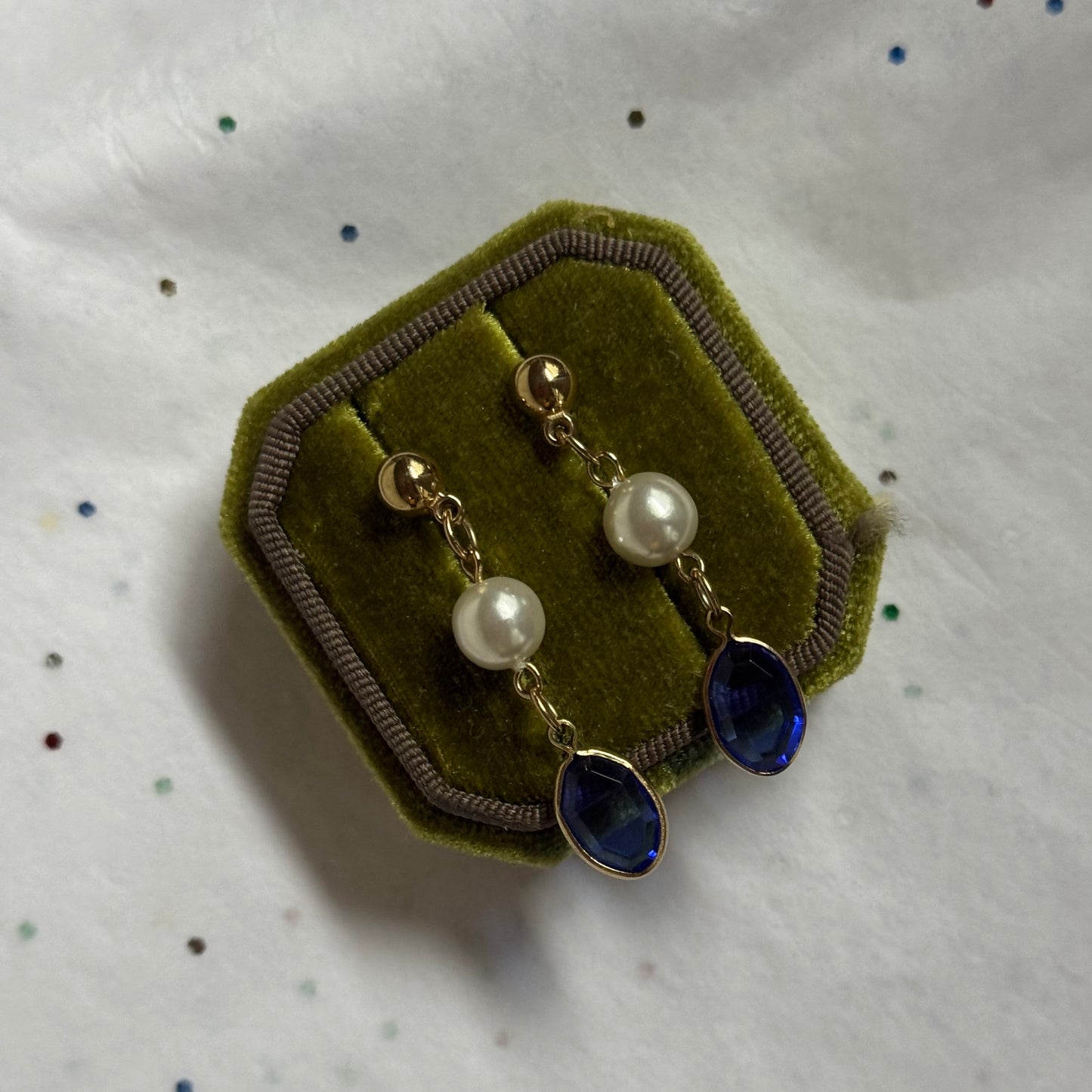 Vintage Gold, Pearl, & Blue Rhinestone Earrings