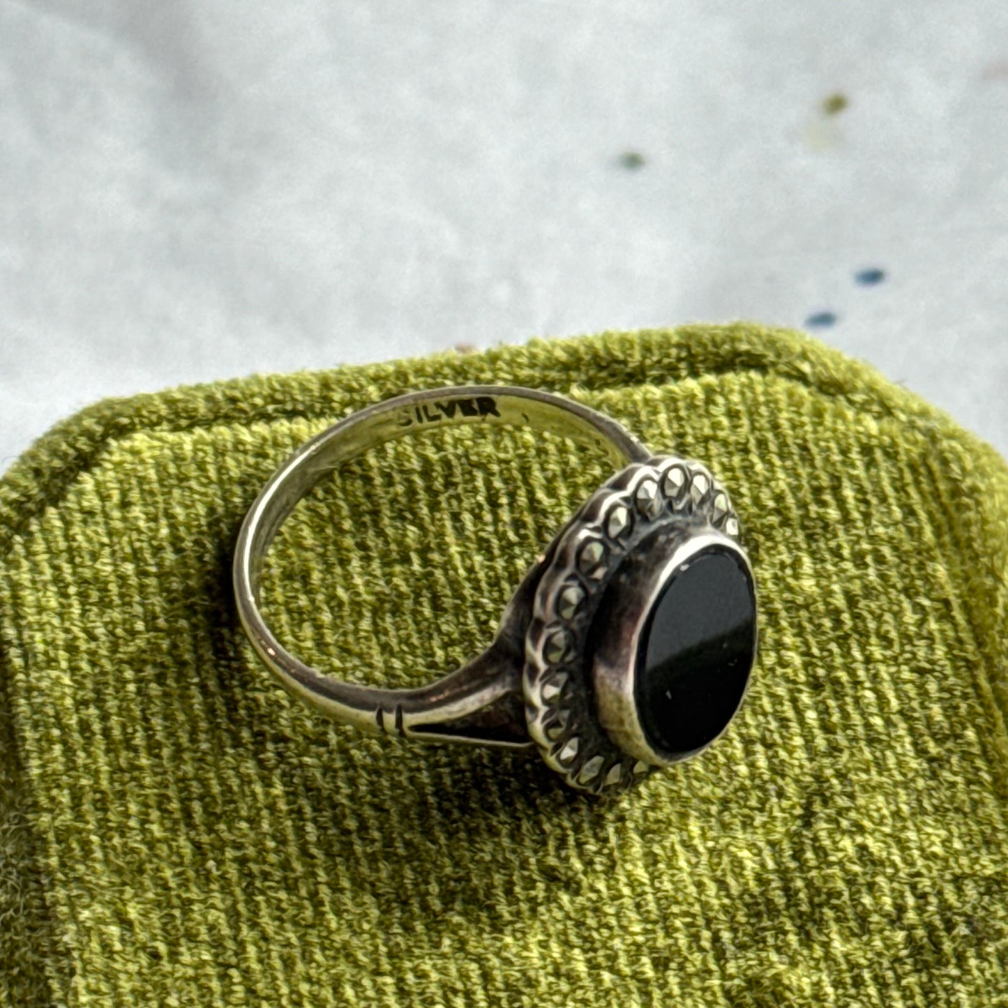 Vintage Sterling Silver Black Onyx & Marcasite Ring