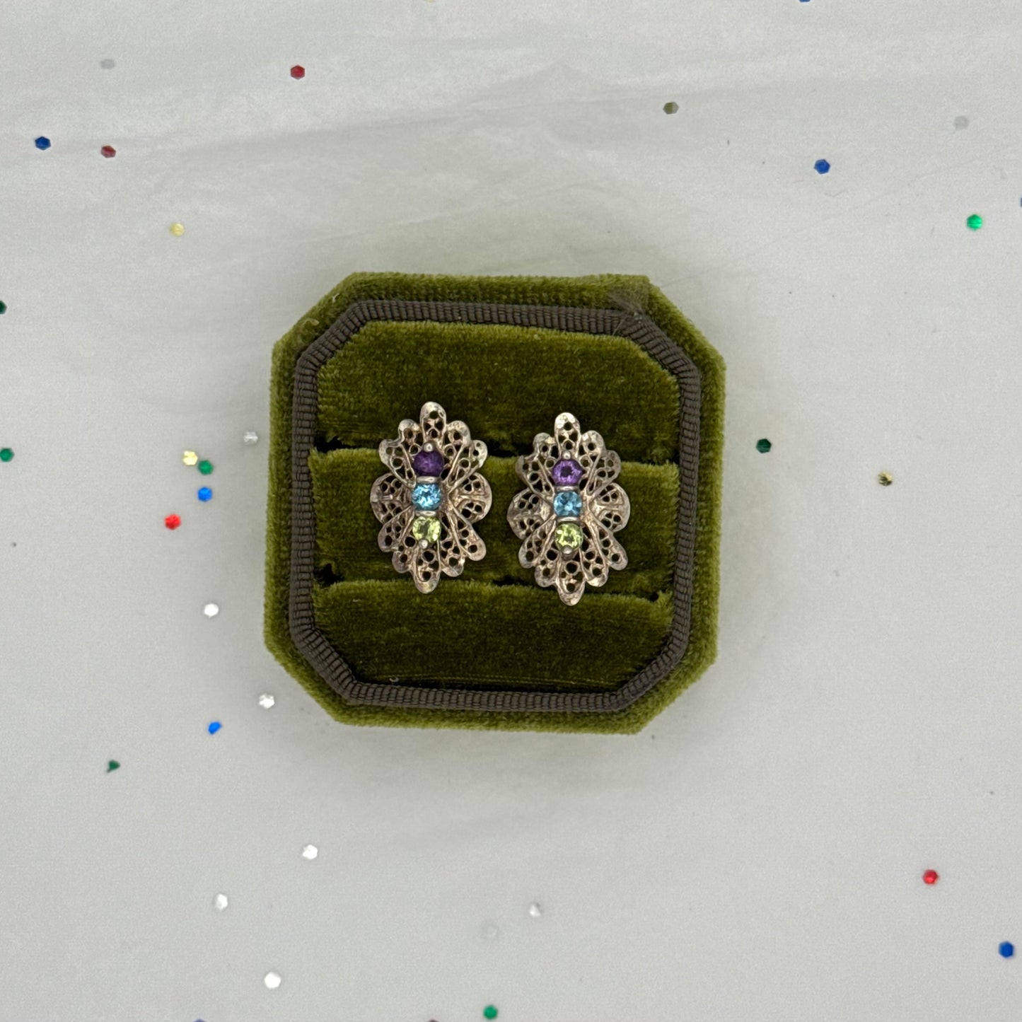 Vintage Sterling Silver Filigree Rhinestones Post Earrings