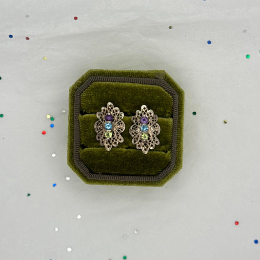 Vintage Sterling Silver Filigree Rhinestones Post Earrings