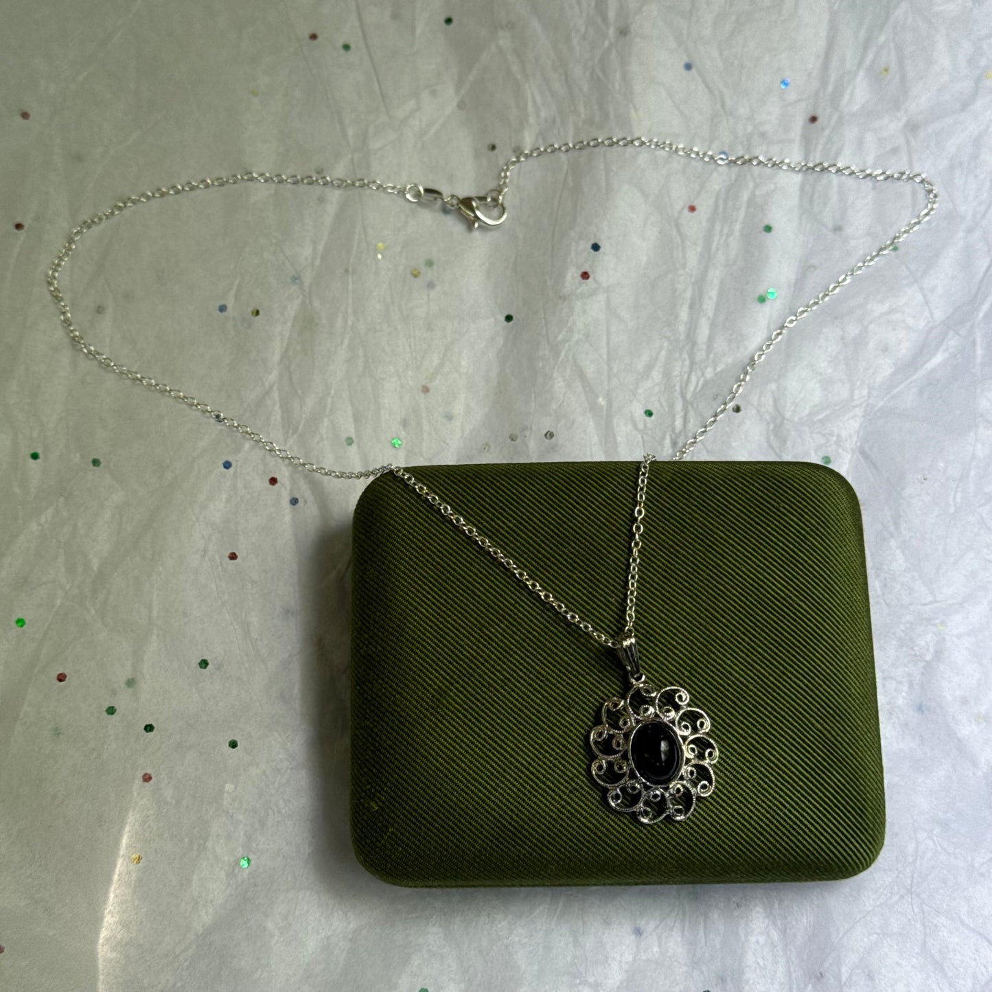 Vintage Silver Black Stone Pendant Necklace