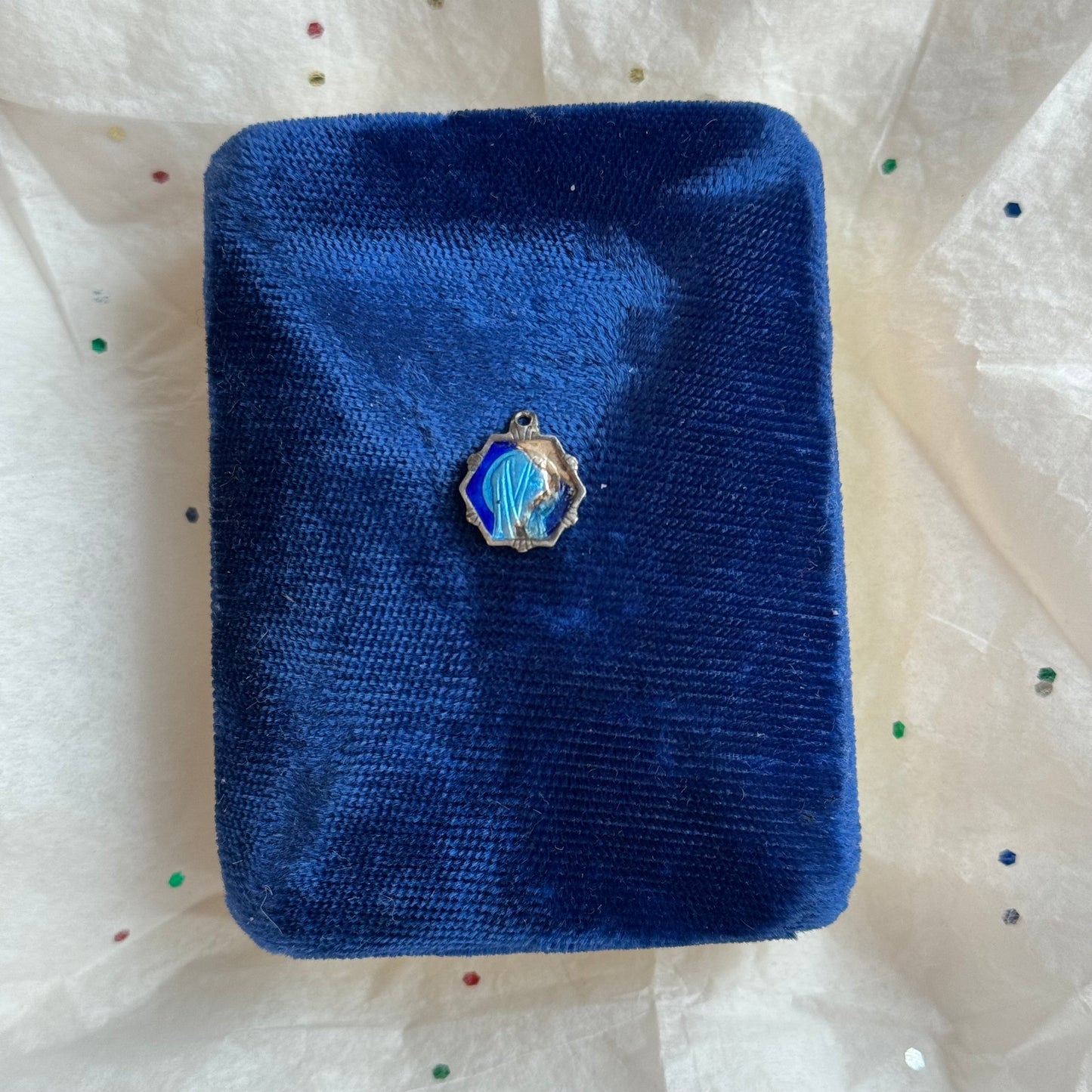 Vintage Our Lady of Lourdes Blue Enamel Necklace - Sourced in Paris