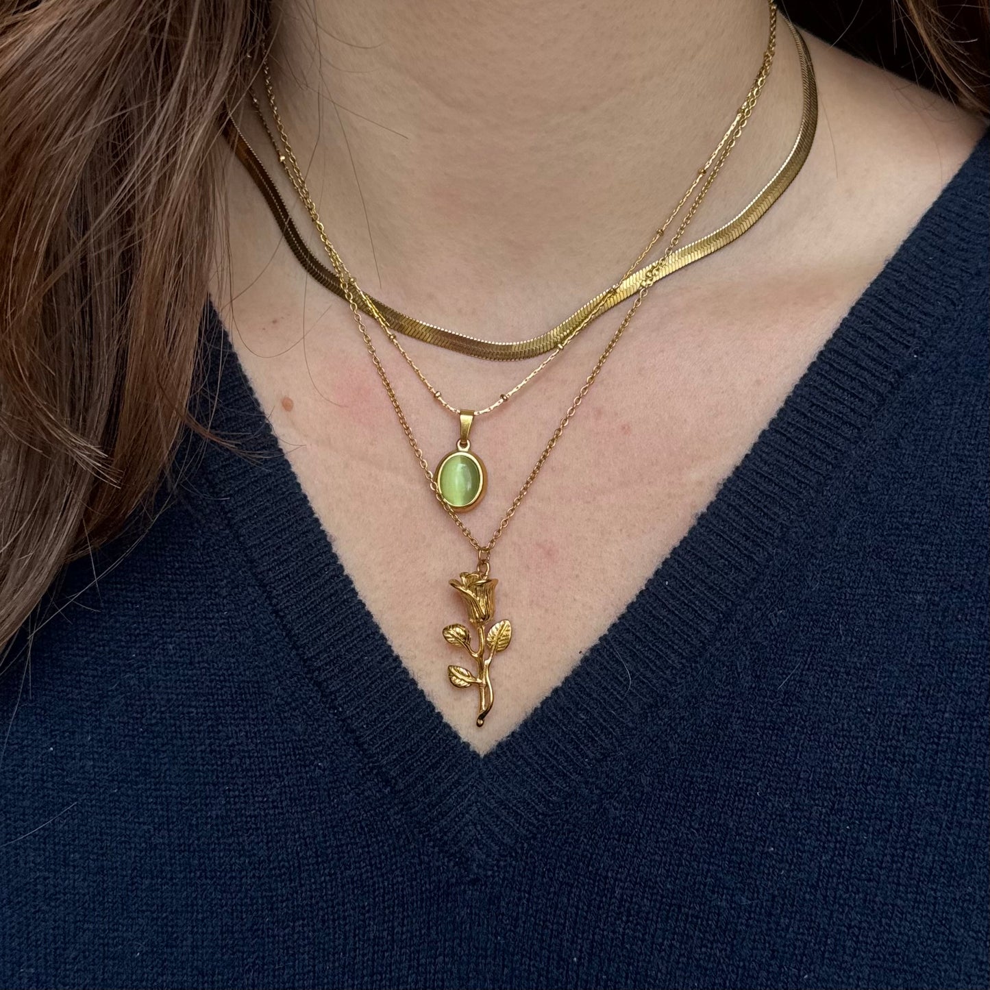 Gold Pendant Necklace with Green Cabochon Stone