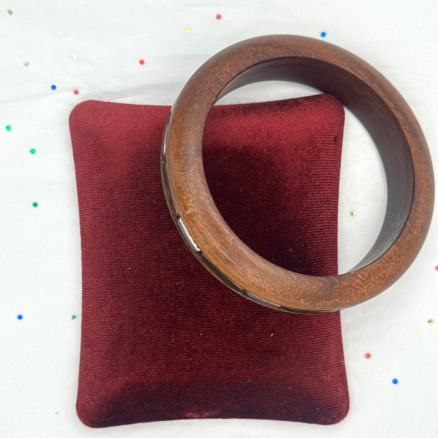 Vintage Wood & Inlay Brass & Silver Bangle Bracelet
