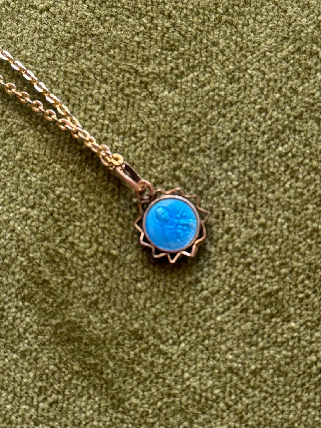 Vintage Gold Teal Enamel Mary Necklace - Sourced in Paris