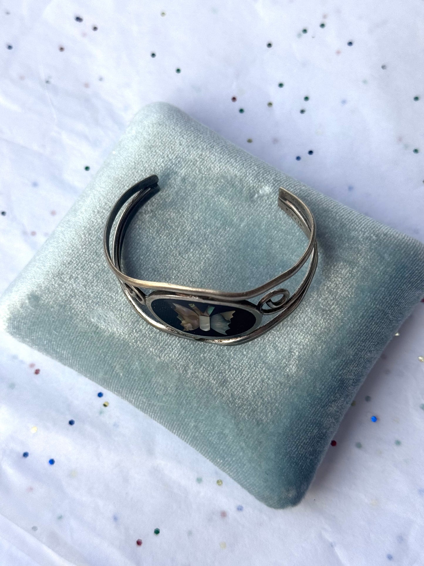 Vintage Black & Mother of Pearl Butterfly Inlay Silver Bracelet