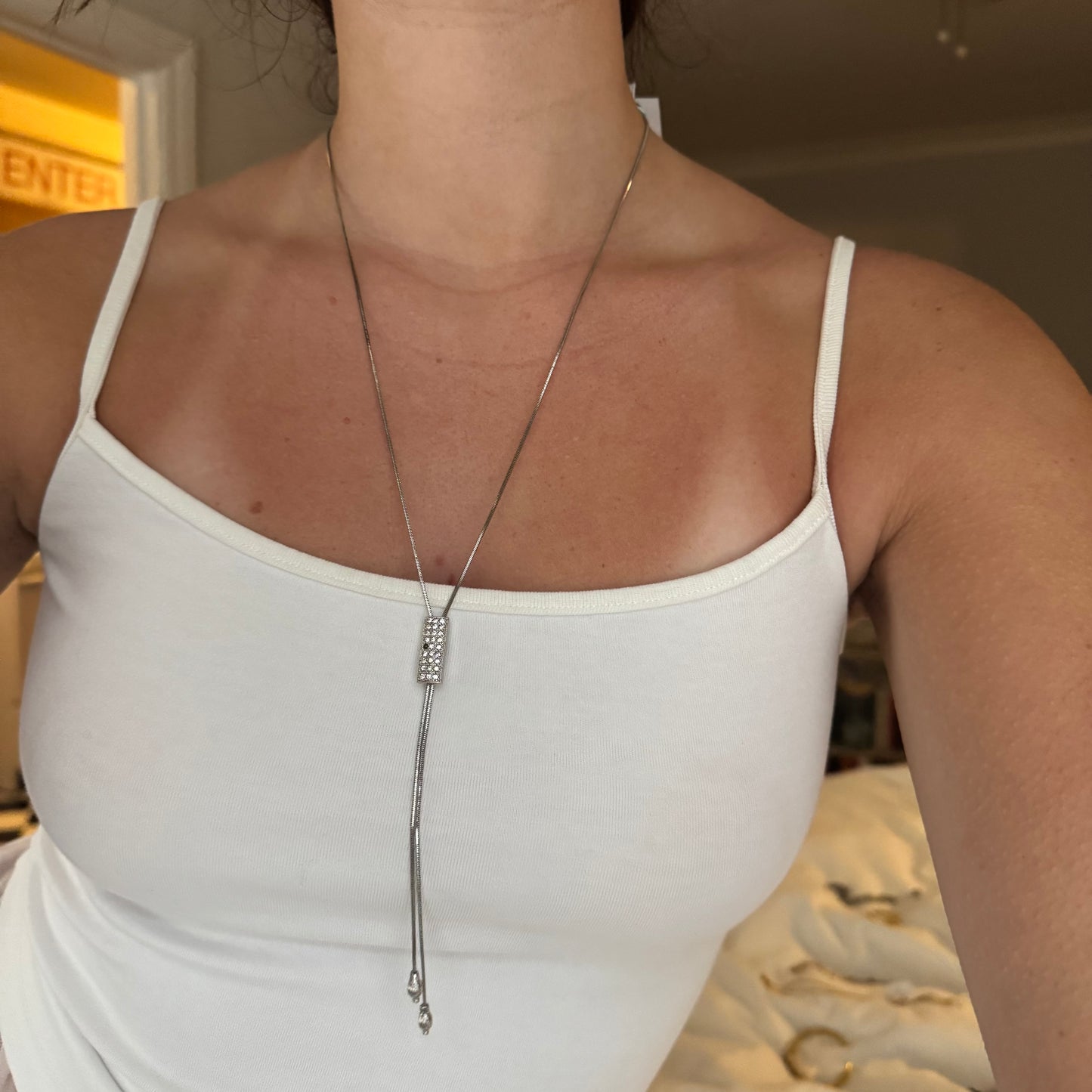 Vintage Silver Rhinestone Lariat Necklace