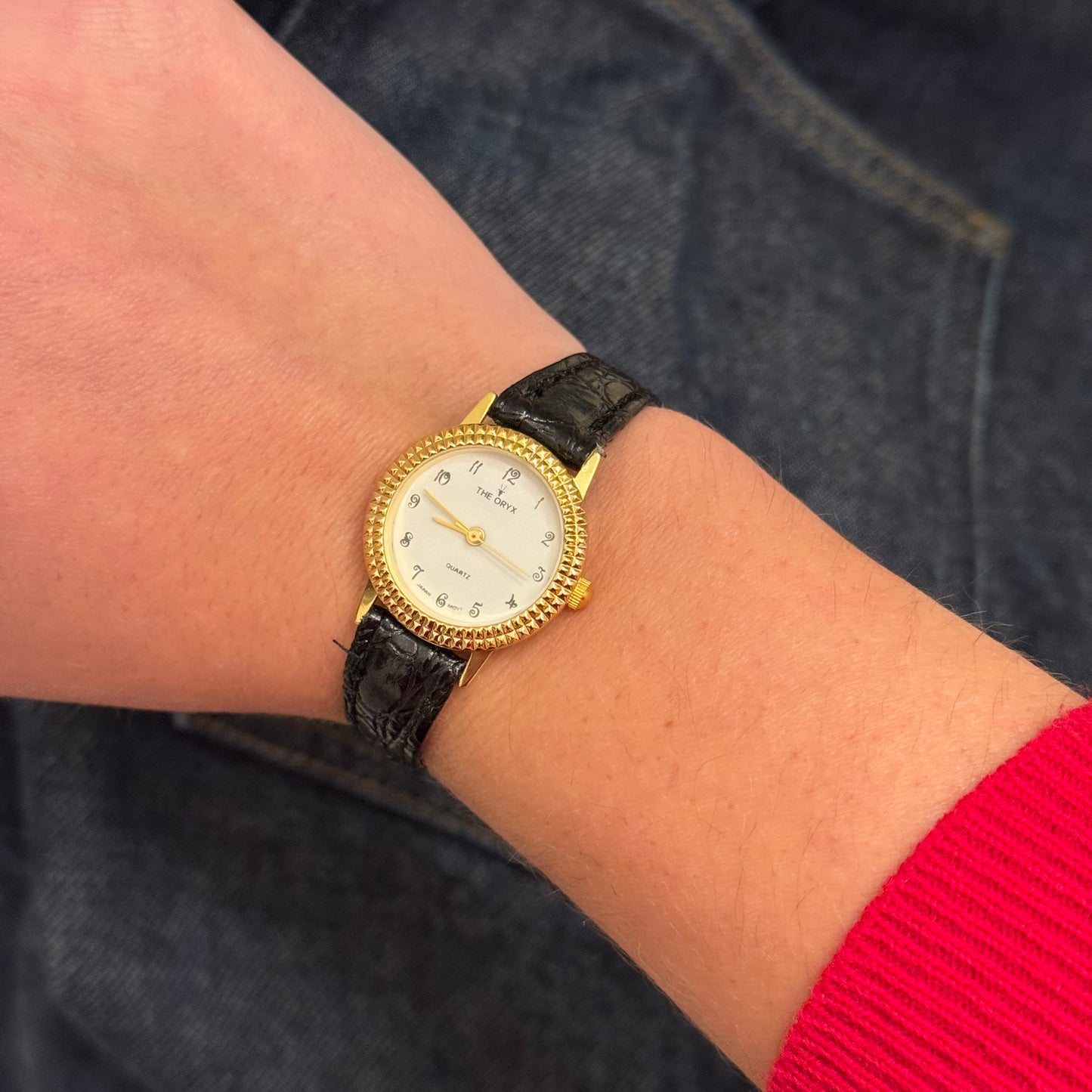 Vintage Gold & Black Leather Watch