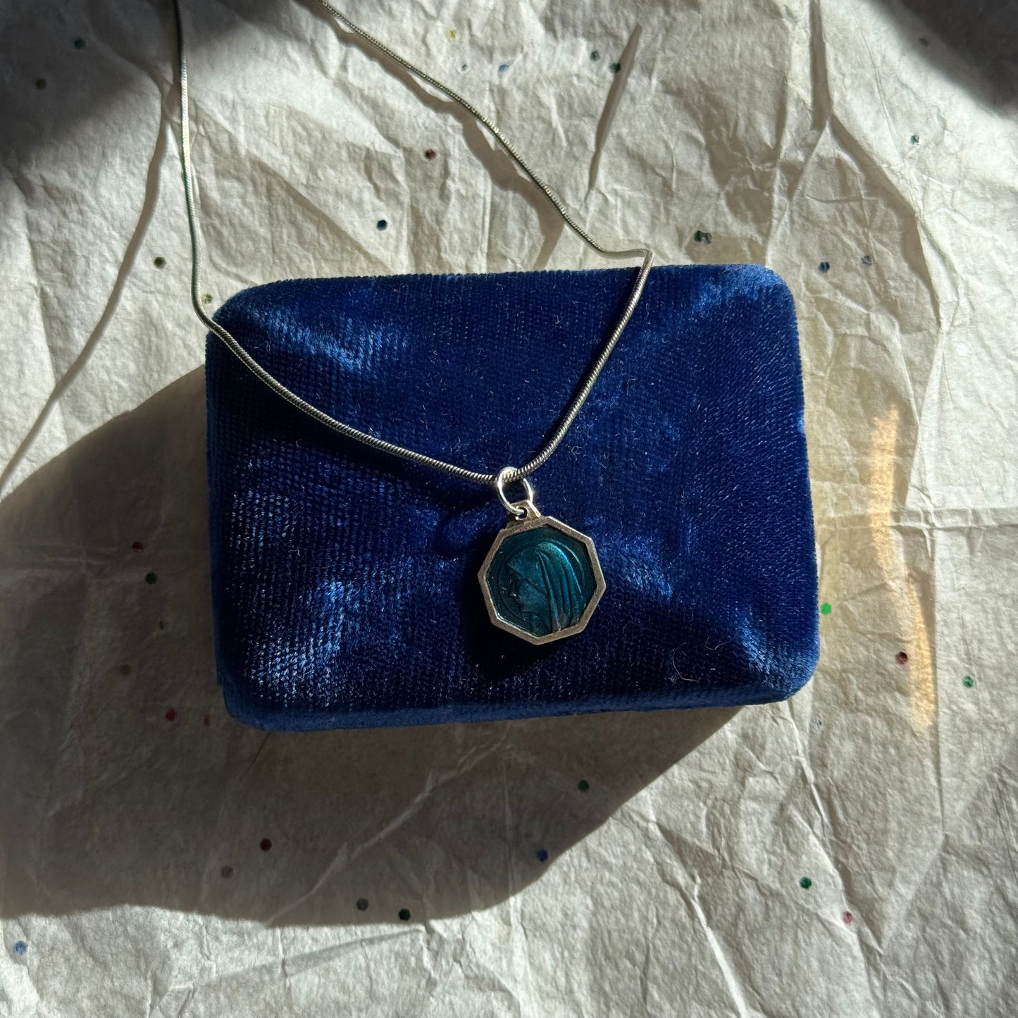 Vintage Sterling Silver Blue Enamel Our Lady of Lourdes Necklace - Sourced in Paris