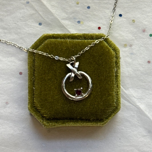 Vintage Silver Pendant Necklace with Red Rhinestone