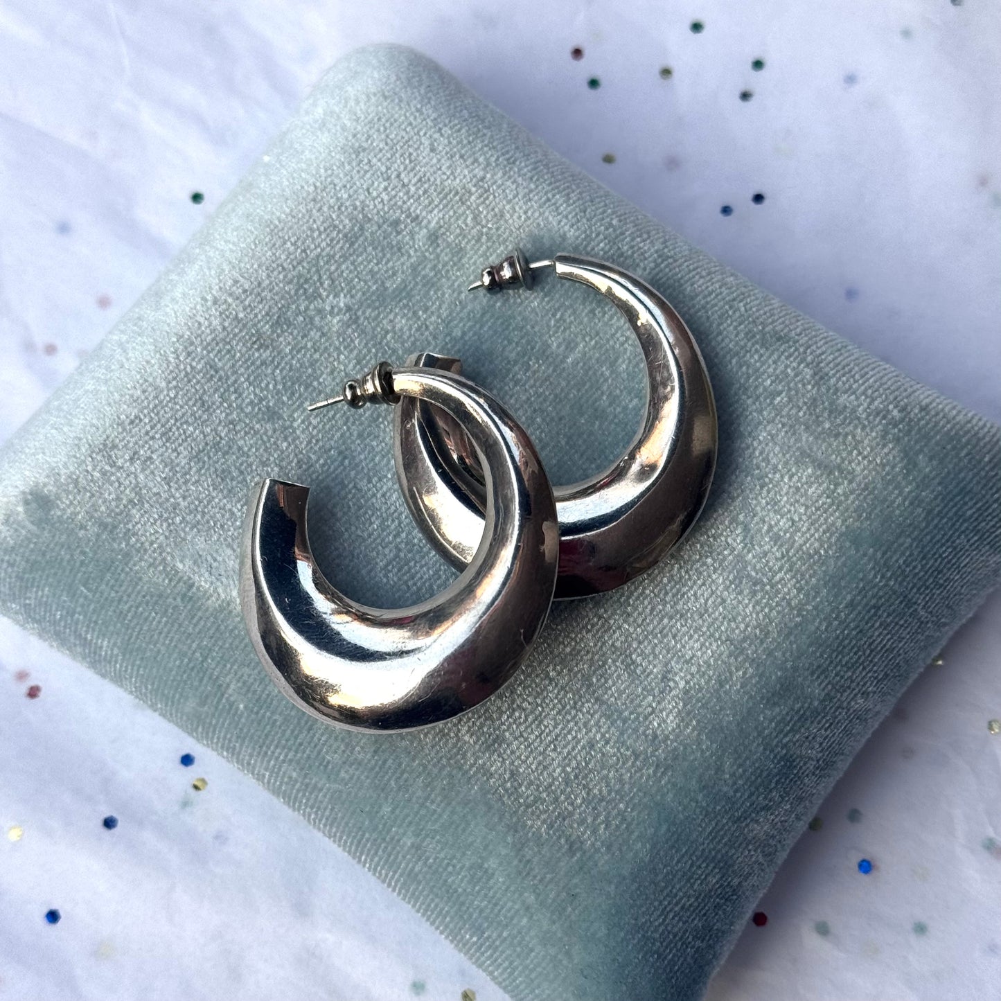 Vintage 925 Sterling Silver Large Puffed Hoop Post Earrings