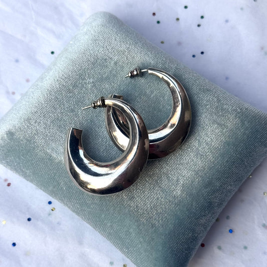 Vintage 925 Sterling Silver Large Puffed Hoop Post Earrings