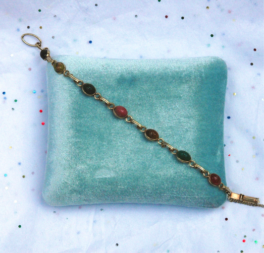 Vintage Gold Tone Multicolored Stone Dainty Scarab Bracelet