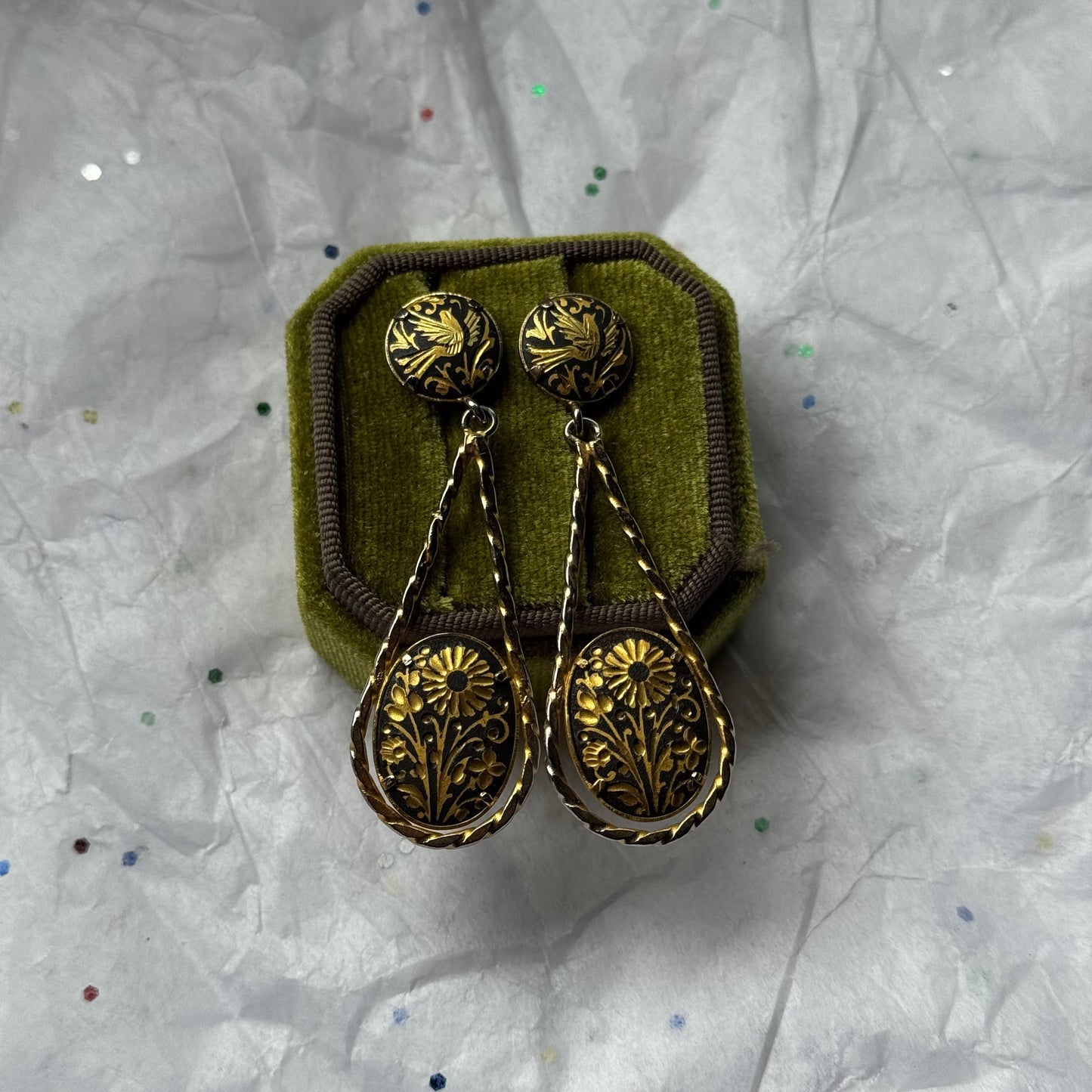 Vintage Gold Damascene Drop Earrings