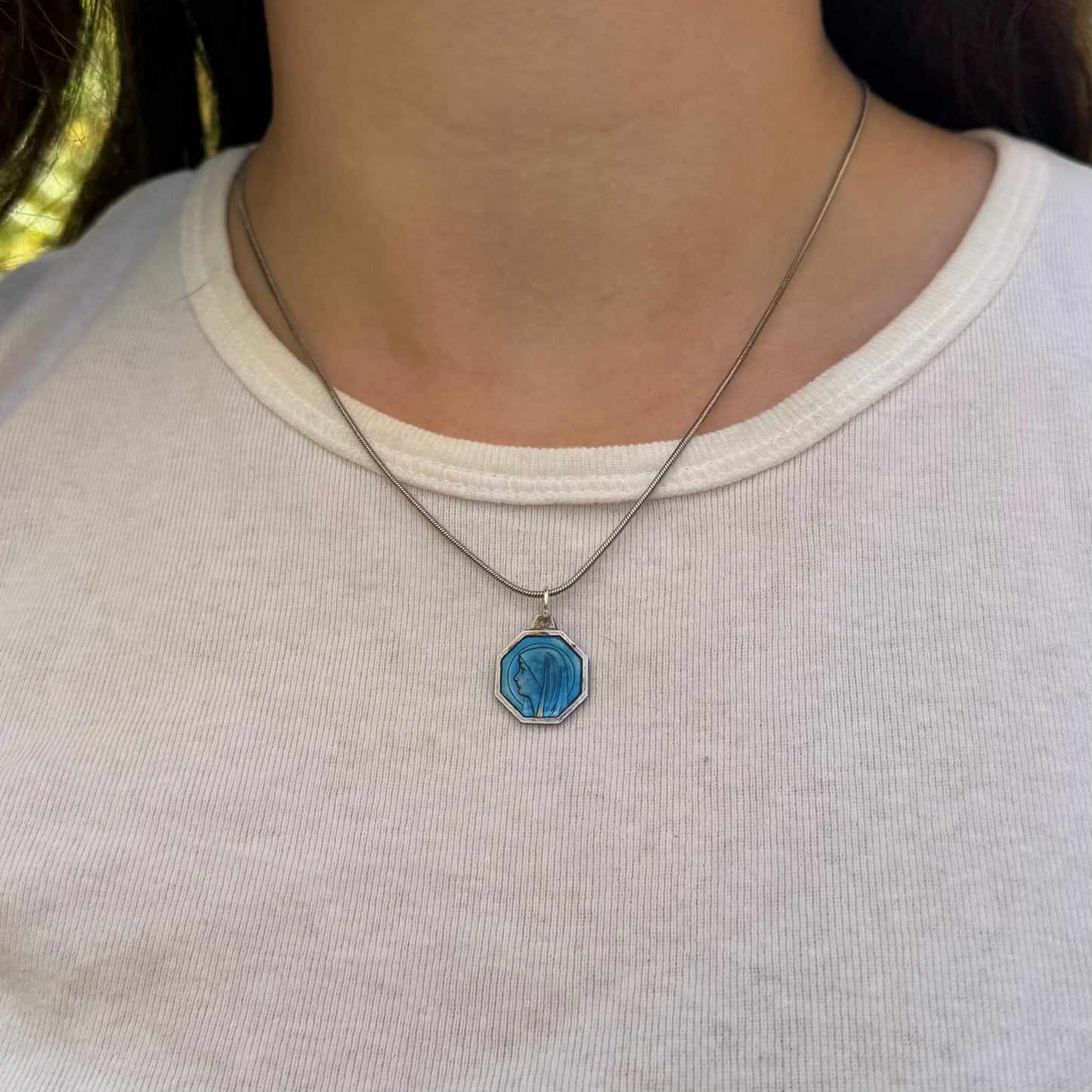 Vintage Sterling Silver Blue Enamel Our Lady of Lourdes Necklace - Sourced in Paris
