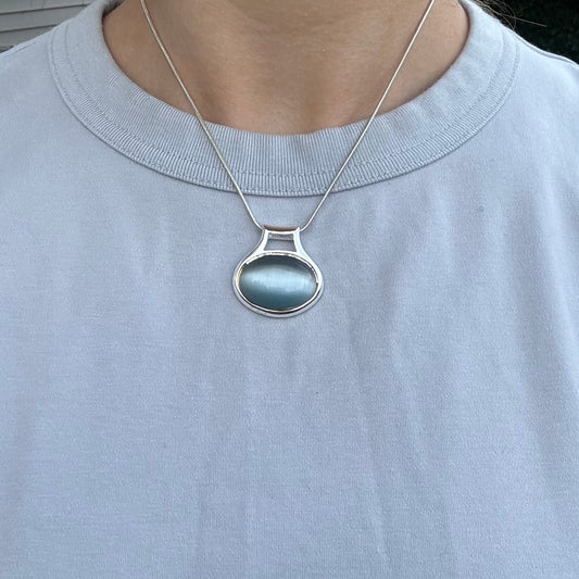 Vintage Light Blue Stone Cabochon Silver Pendant Necklace