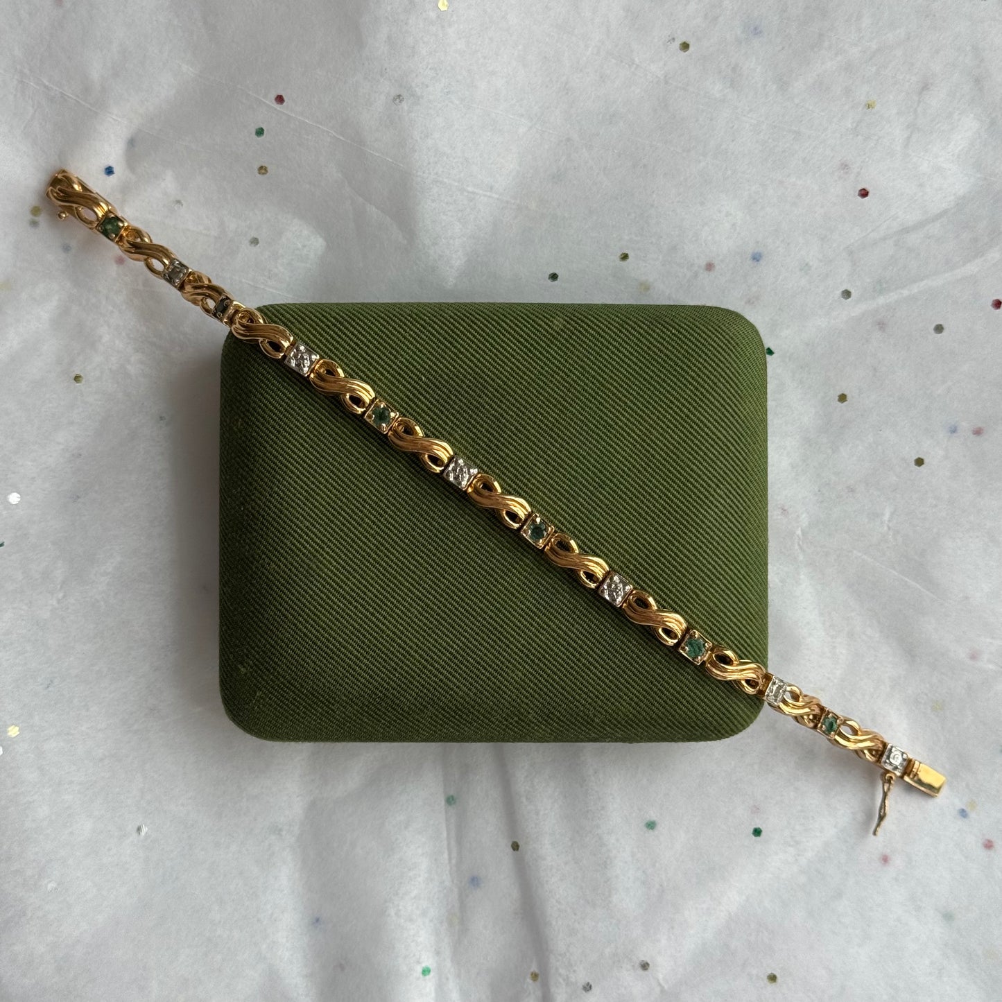 Vintage Sterling Silver Gold Vermeil Faux Emerald Rhinestone Tennis Bracelet