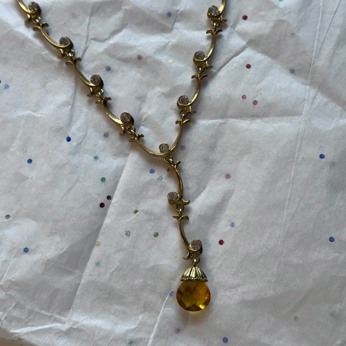 Vintage Gold Tone Rhinestone Teardrop Necklace