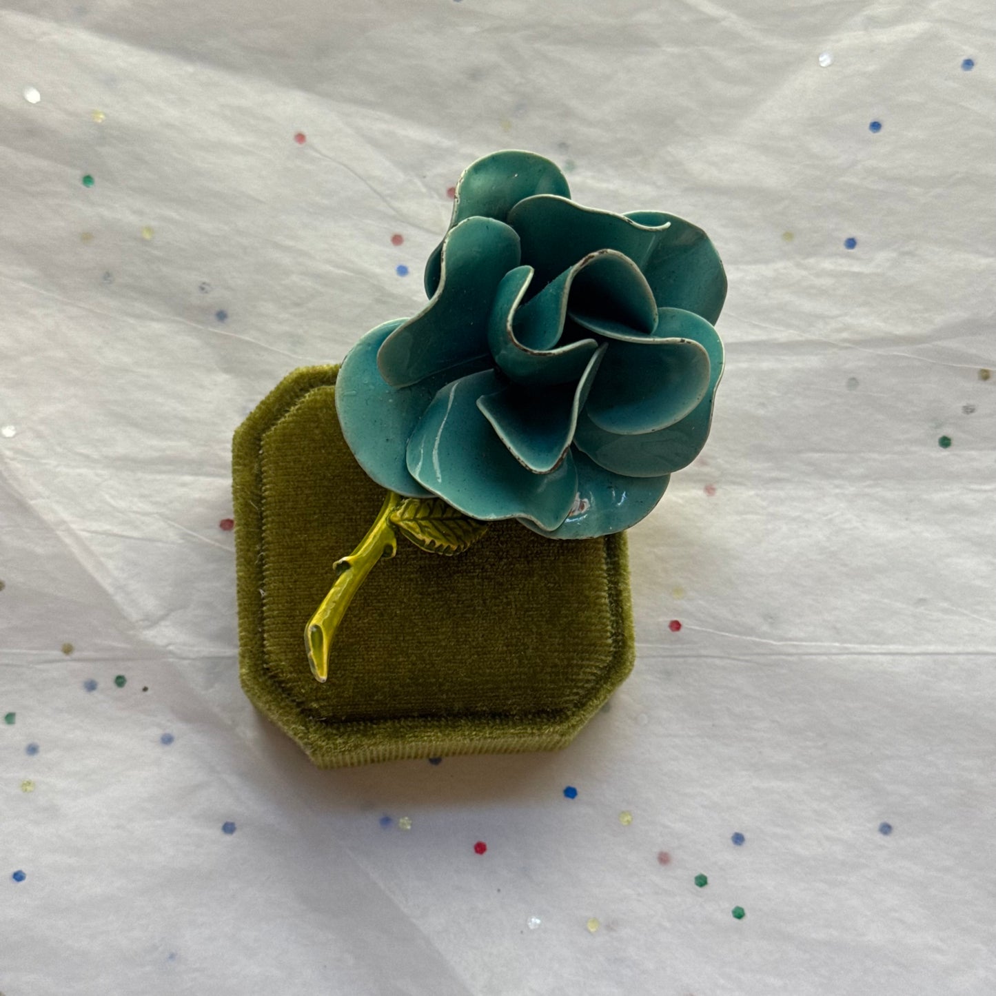 Vintage Gold Enamel Blue Rose Brooch