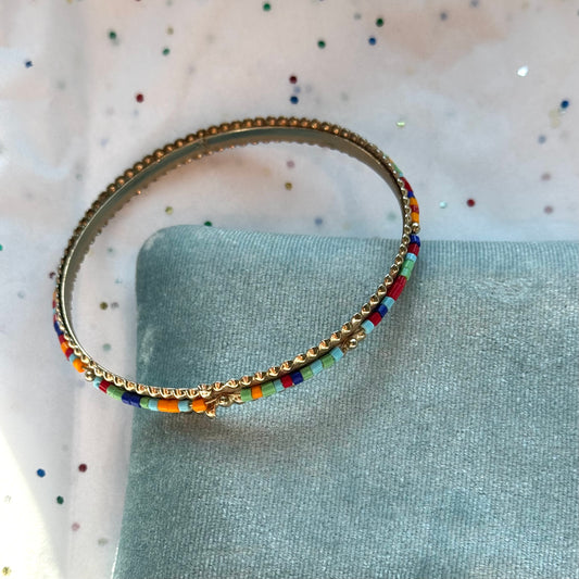 Vintage Multicolor Beaded Gold Bangle Bracelet