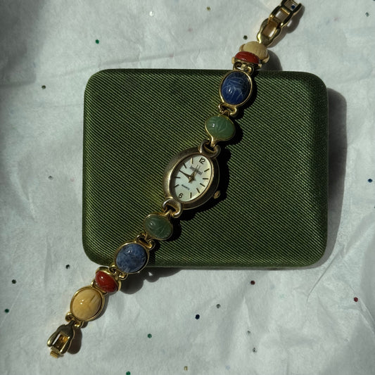 Vintage Gold Multicolored Scarab Watch - Working Condition