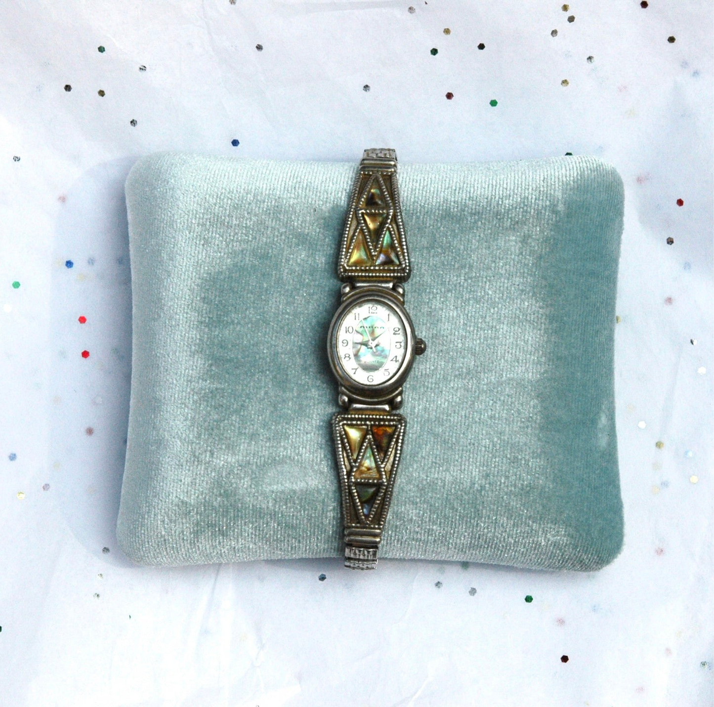 Vintage Abalone Shell Silver Stretch Band Watch