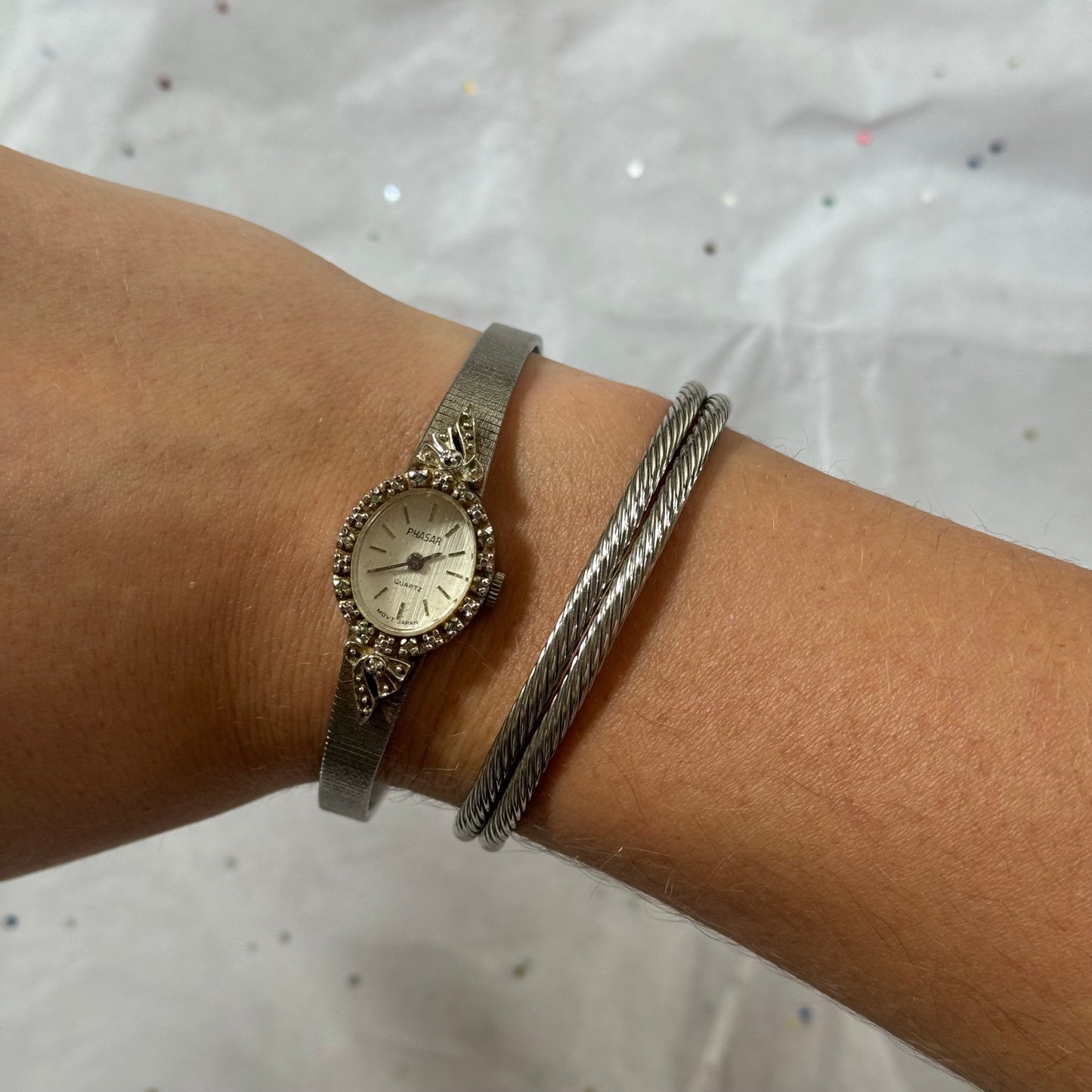 Vintage Silver Watch with Rhinestone Frame