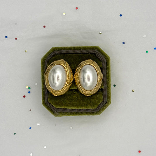 Vintage Gold Tone Faux Pearl Post Earrings
