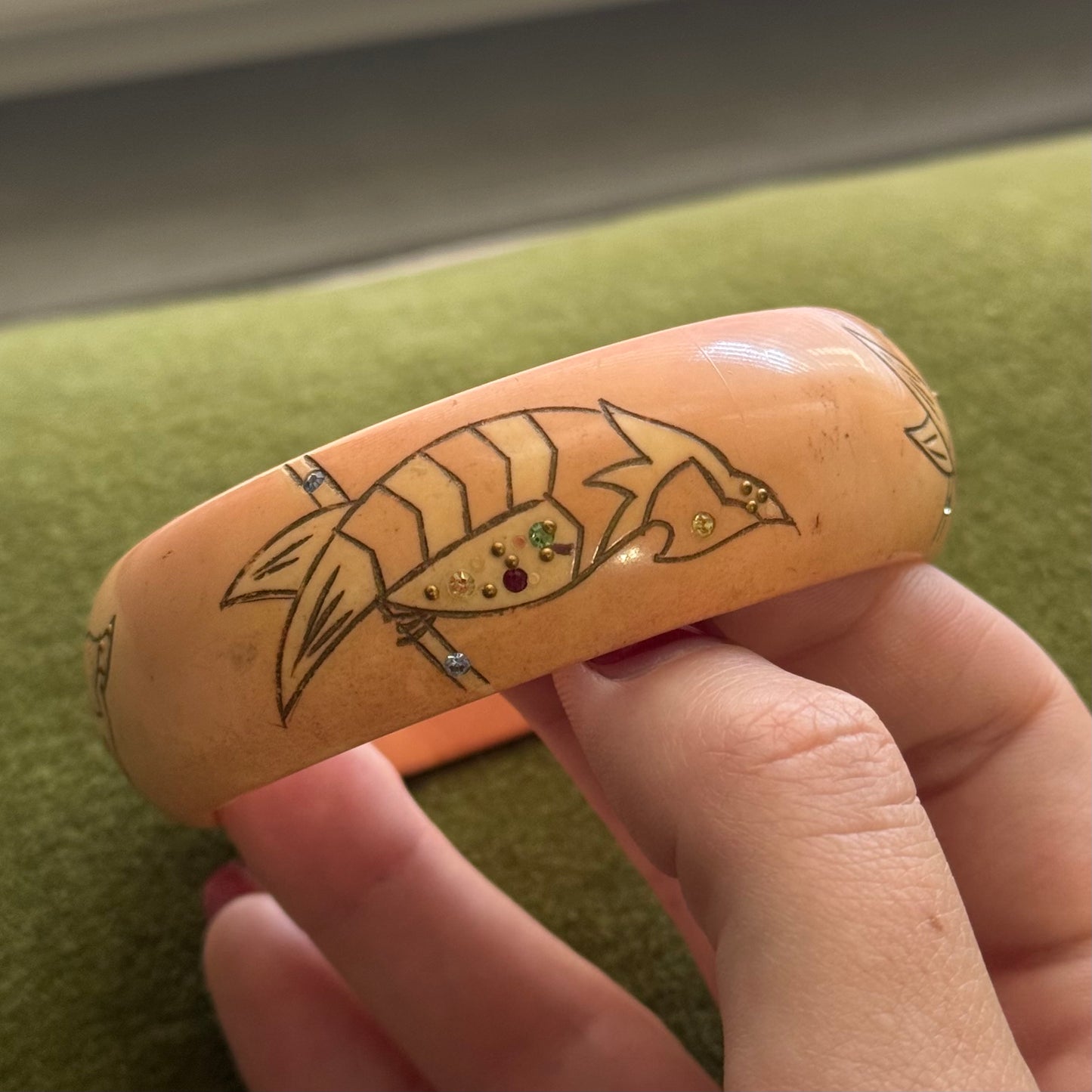 Vintage Bird Coral Bangle Bracelet with Rhinestones - Sourced in Paris