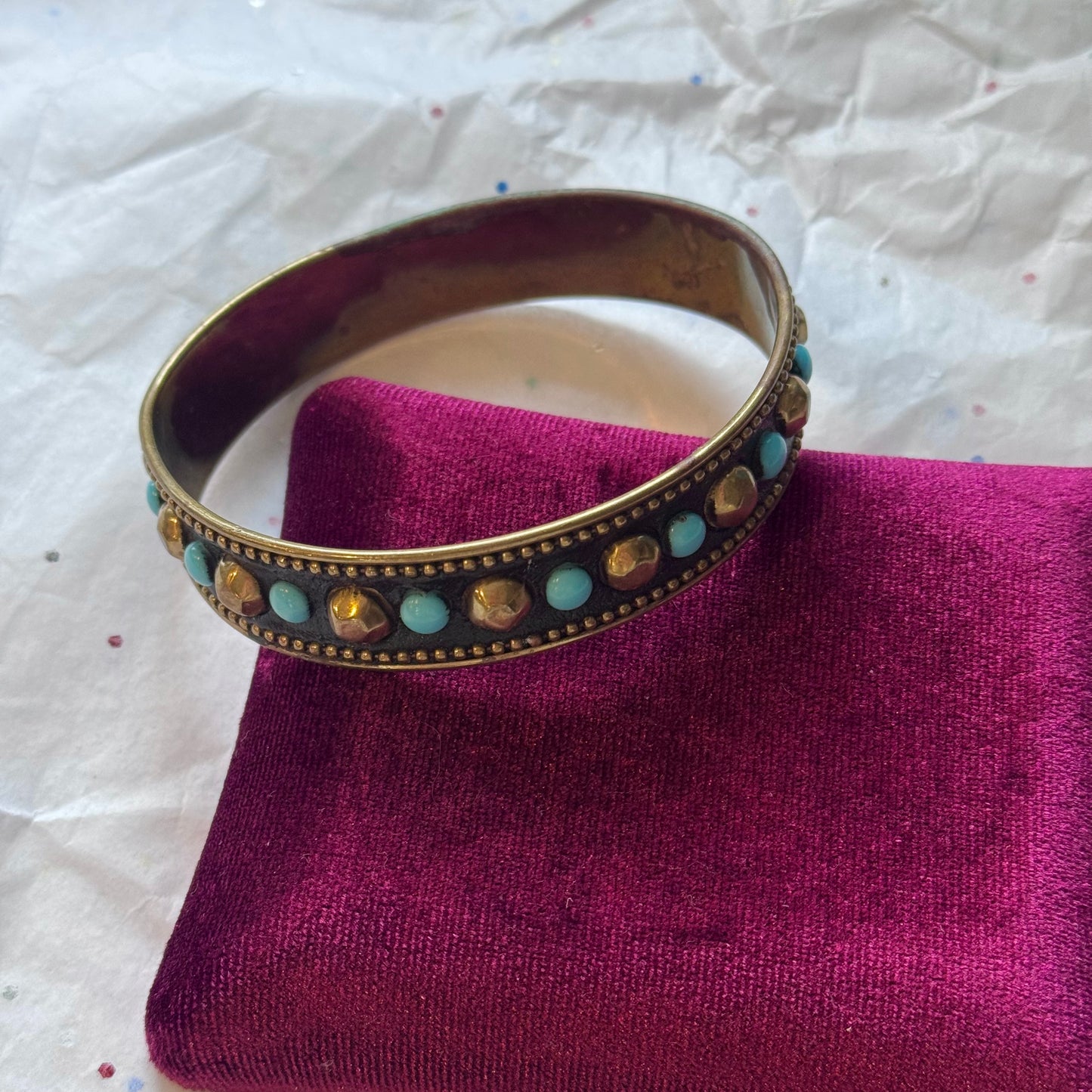 Vintage Studded Teal & Brass Bangle Bracelet