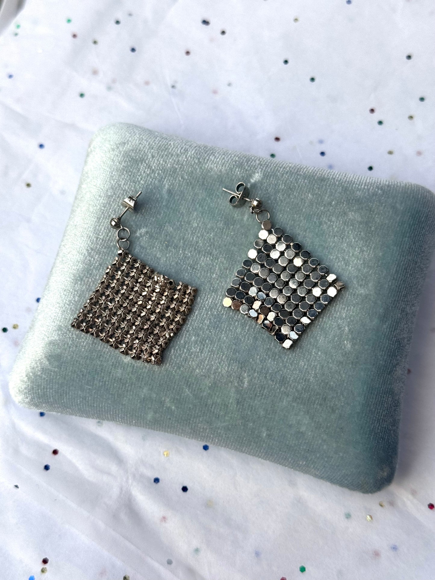 Vintage Silver Mesh Dangle Post Earrings
