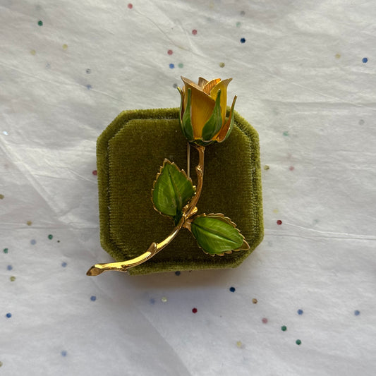 Vintage Gold Enamel Yellow Rose Brooch