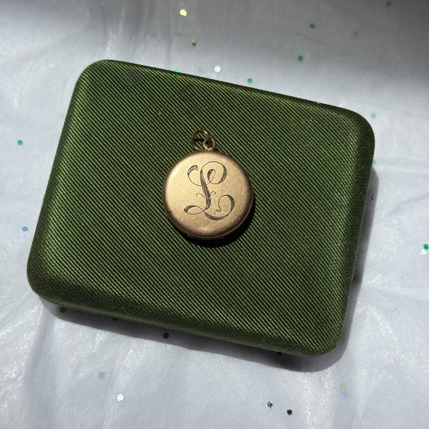 Vintage 19th Century Gold Filled Floral Locket with Rhinestones and L Engraving