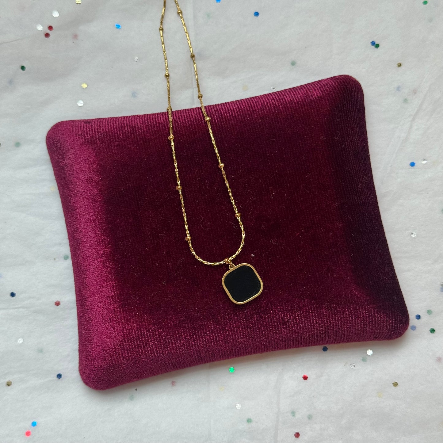 Gold Black Enamel Square Pendant Necklace